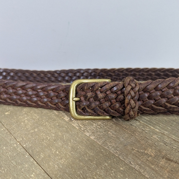 Vintage Brown Woven Leather Belt Brass Buckle Adjustable 41" Unisex Boho Western - Picture 2 of 7